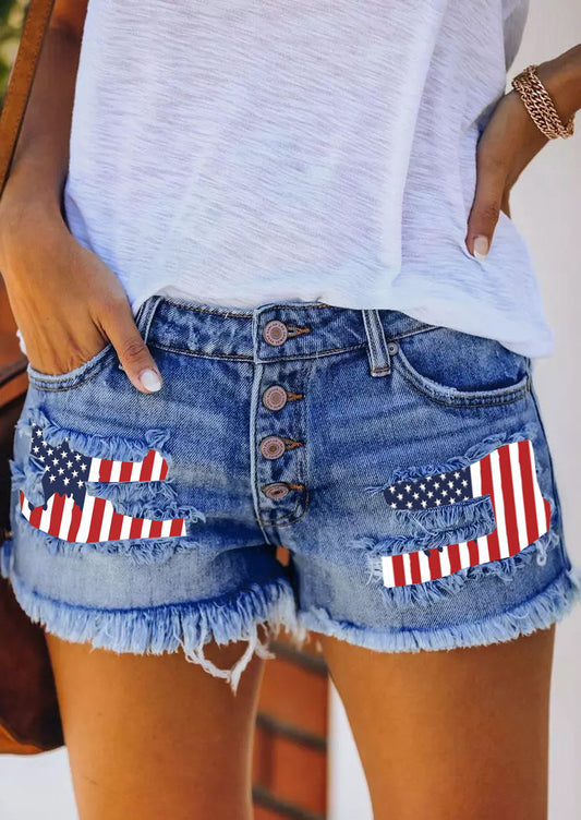 Stars and Flags Patch Fringe Denim Shorts