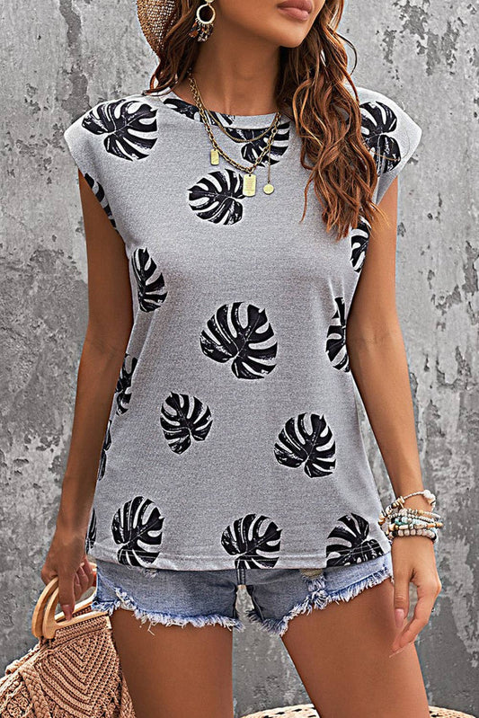 Gray Palm Leaves Crew Neck Tank