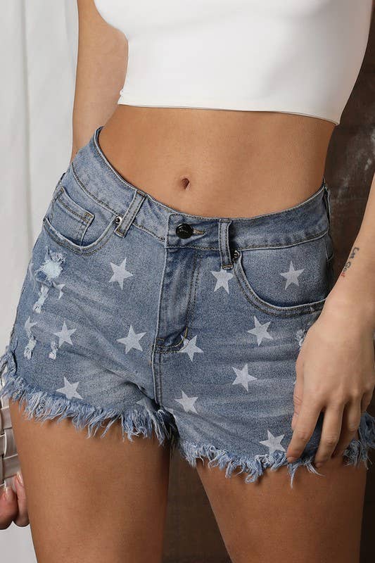 Star Print Distressed Denim Shorts