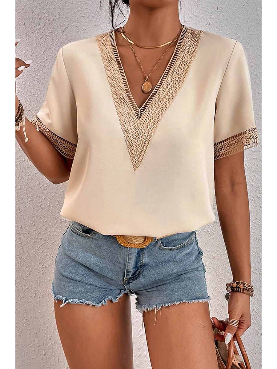 V-Neck Lace Point Short Sleeve Top