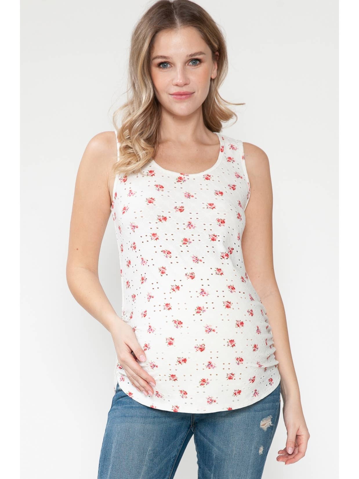 Maternity Side Rouched Print Sleeveless Eyelet Top