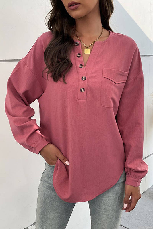 Ribbed Sleeve Button Neck Tunic Top