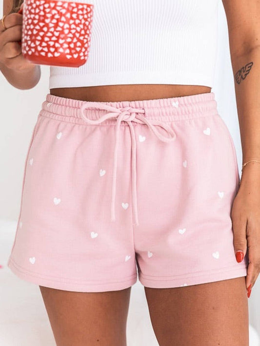 Pink Cute Heart Print Drawstring Lounge Shorts