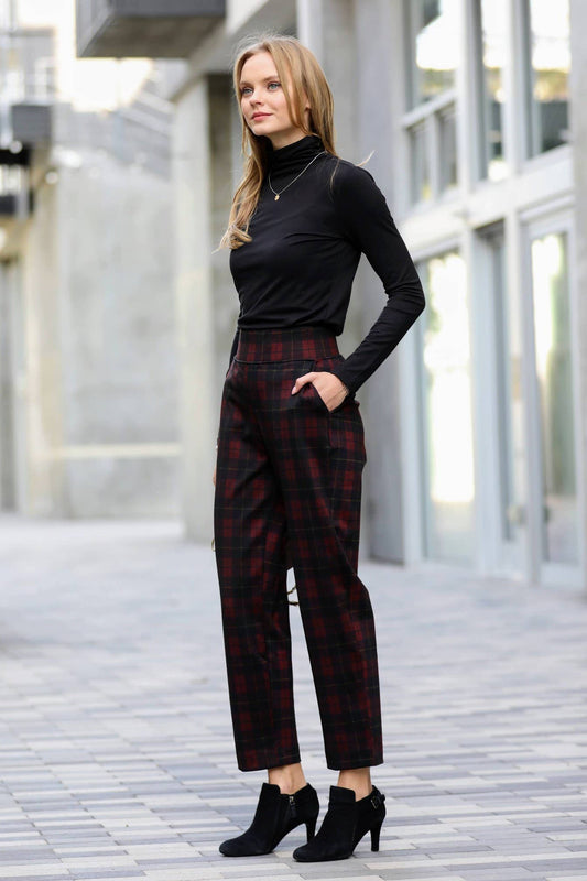 Plaid Pull-On Stretch Dress Pants with Pockets