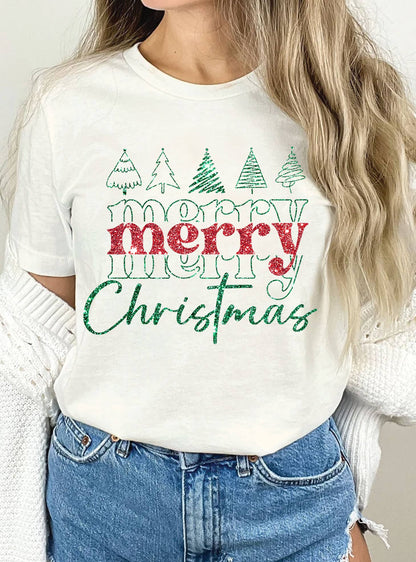 Merry Christmas Trees Glitter Print Tee