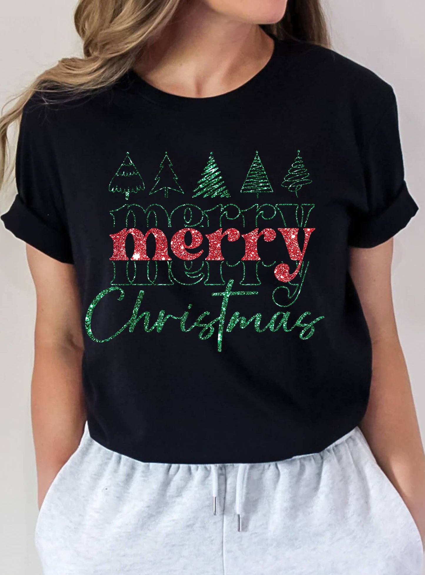 Merry Christmas Trees Glitter Print Tee